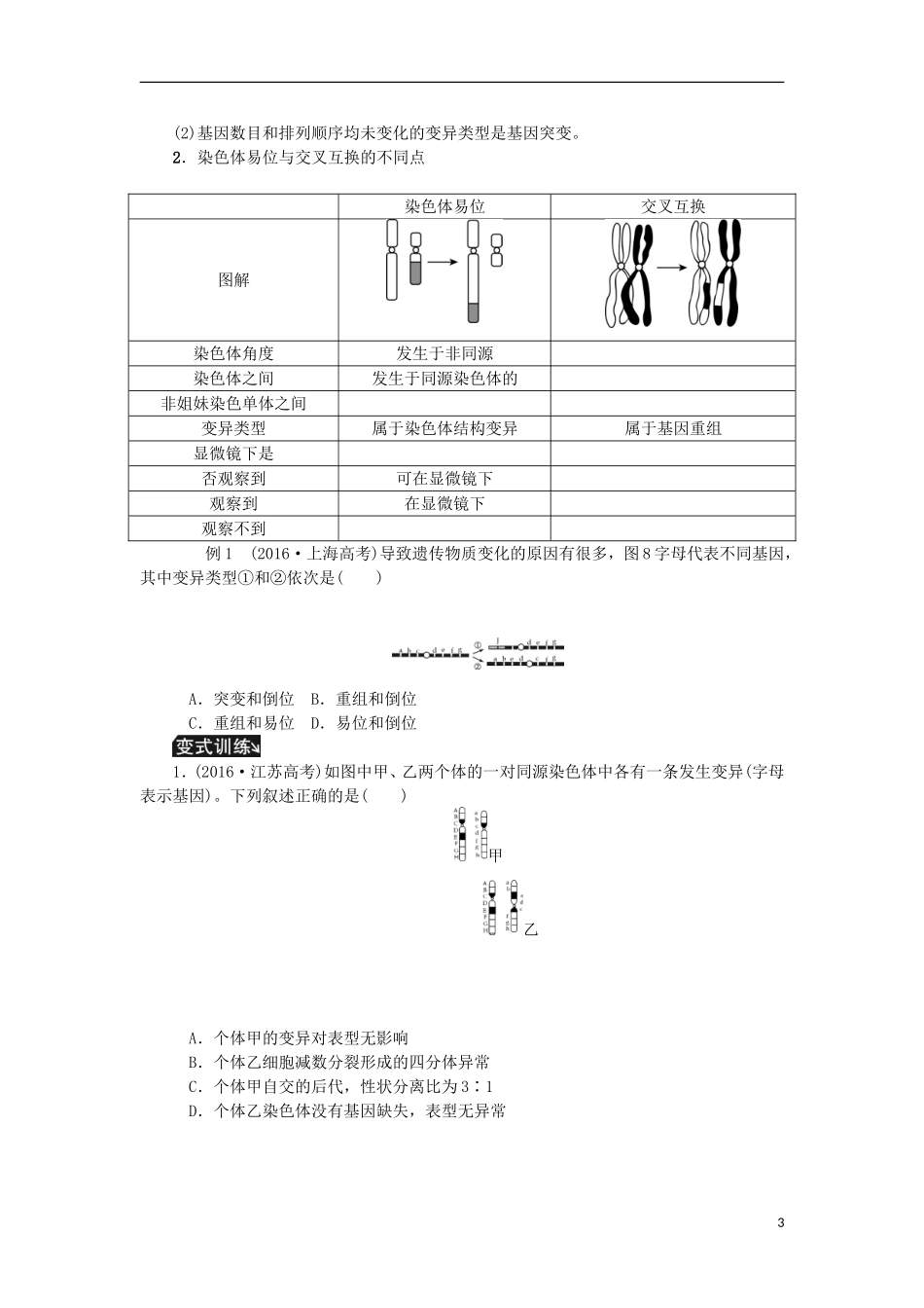 （江苏专用）高考生物一轮总复习 第7单元 生物的变异与进化 第2讲 染色体变异学案-人教版高三全册生物学案_第3页