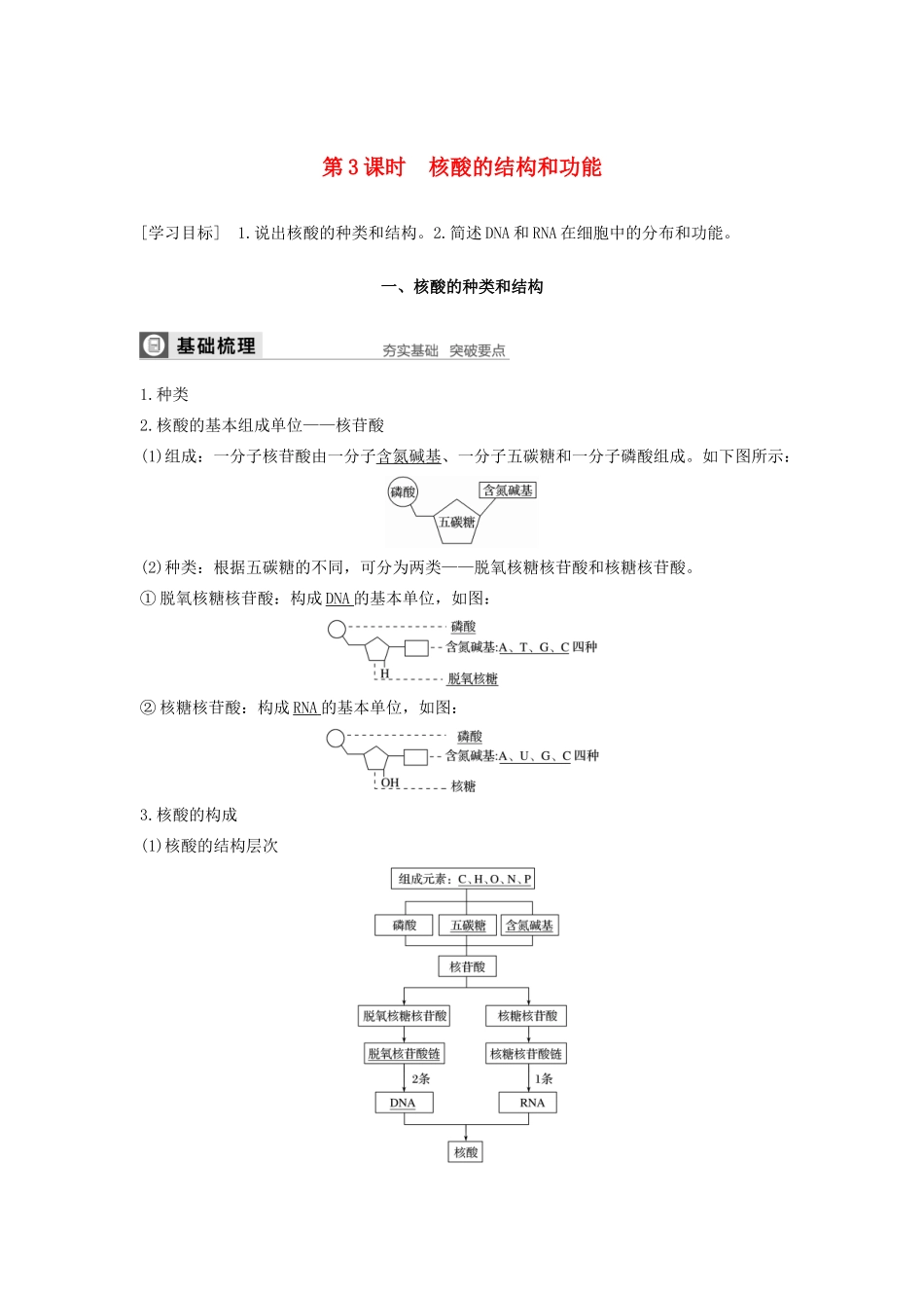 高中生物 第2章 细胞的化学组成 第二节 第3课时 核酸的结构和功能学案 苏教版必修1-苏教版高中必修1生物学案_第1页