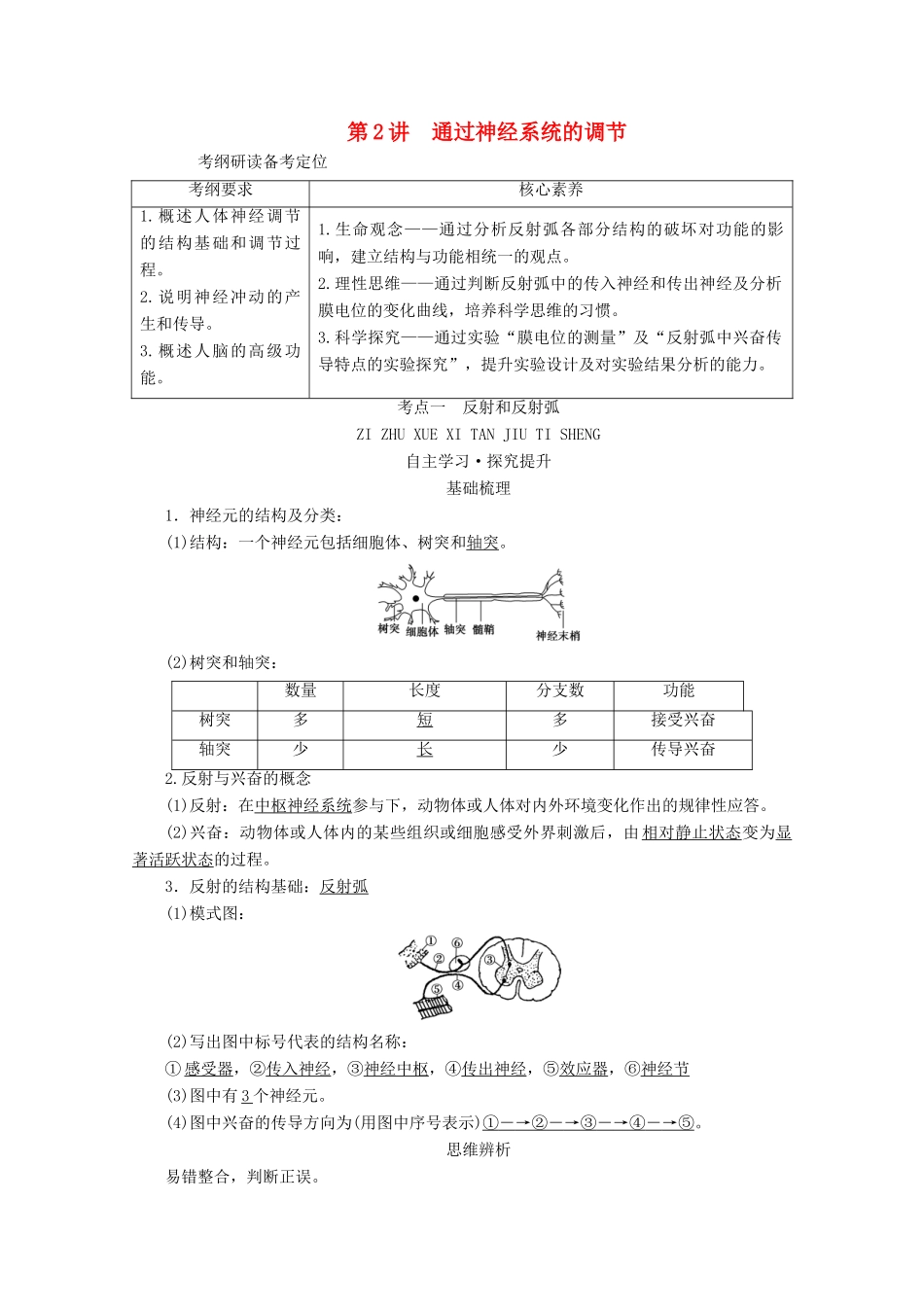（新高考）高考生物一轮复习 选择性必修部分 模块1 稳态与调节 第1单元 生命活动的调节 第2讲 通过神经系统的调节学案 新人教版-新人教版高三必修生物学案_第1页