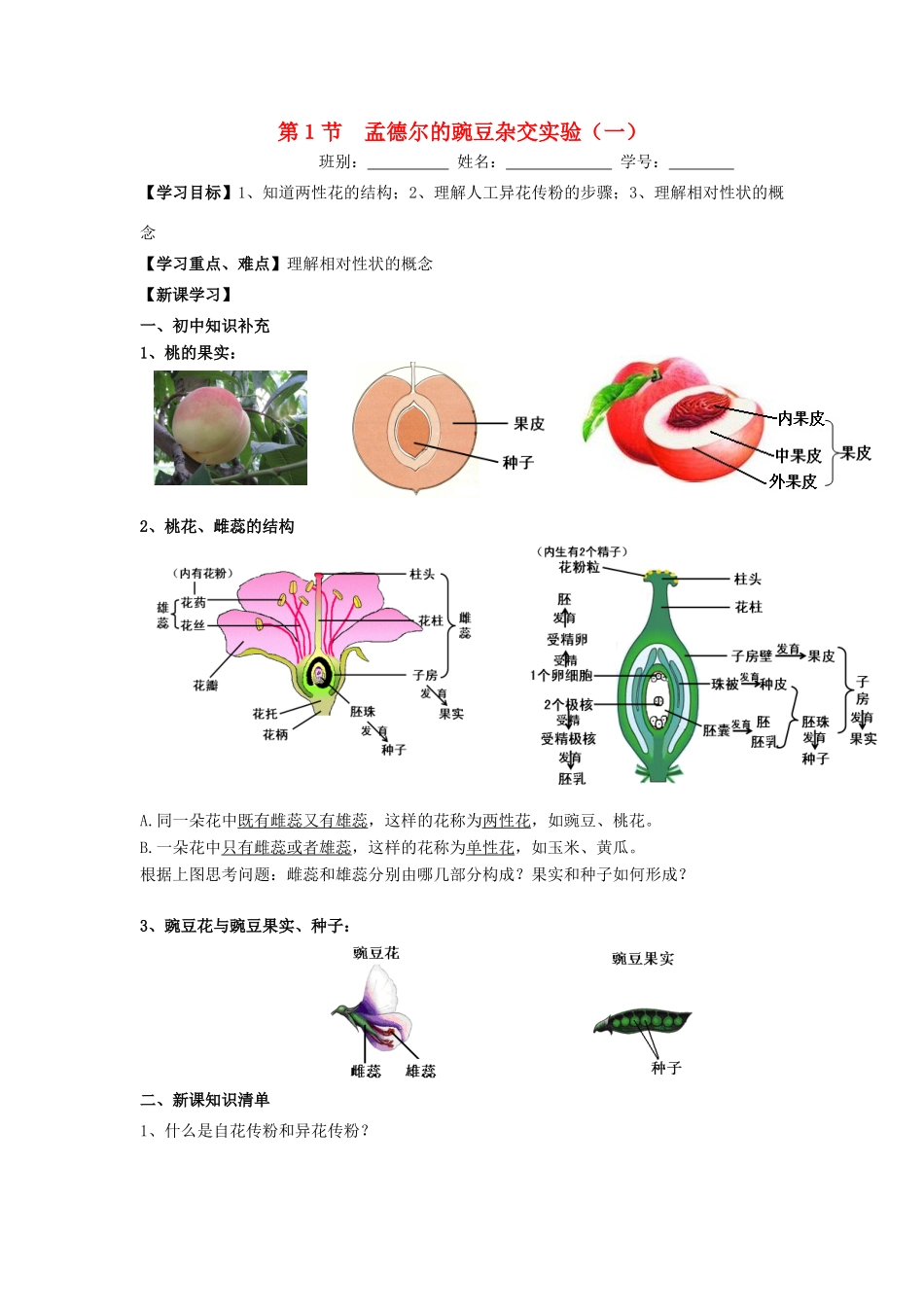 高中生物 第1章 遗传因子的发现 第1节 孟德尔的豌豆杂交试验（一）（1）导学案 新人教版必修2-新人教版高一必修2生物学案_第1页