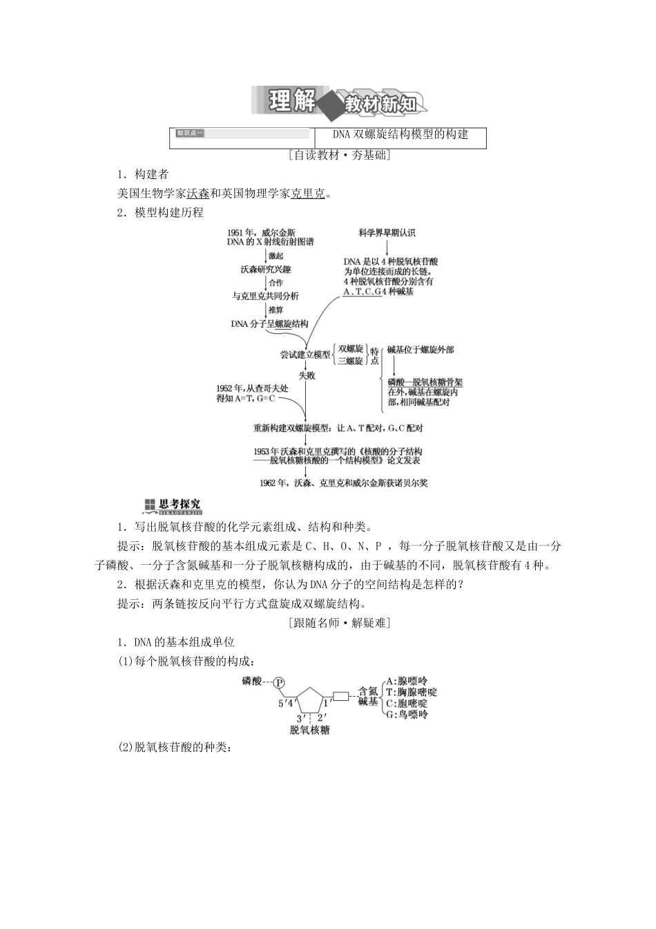 高中生物 第3章 基因的本质 第2节 DNA分子的结构学案 新人教版必修2-新人教版高一必修2生物学案_第2页