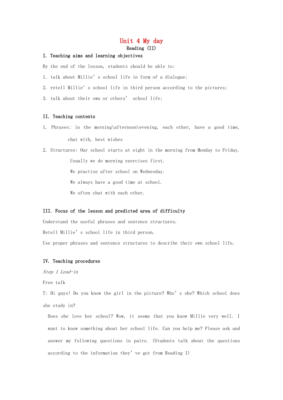 七年级英语上册 Unit 4 My day Reading II教案 （新版）牛津版-（新版）牛津版初中七年级上册英语教案_第1页