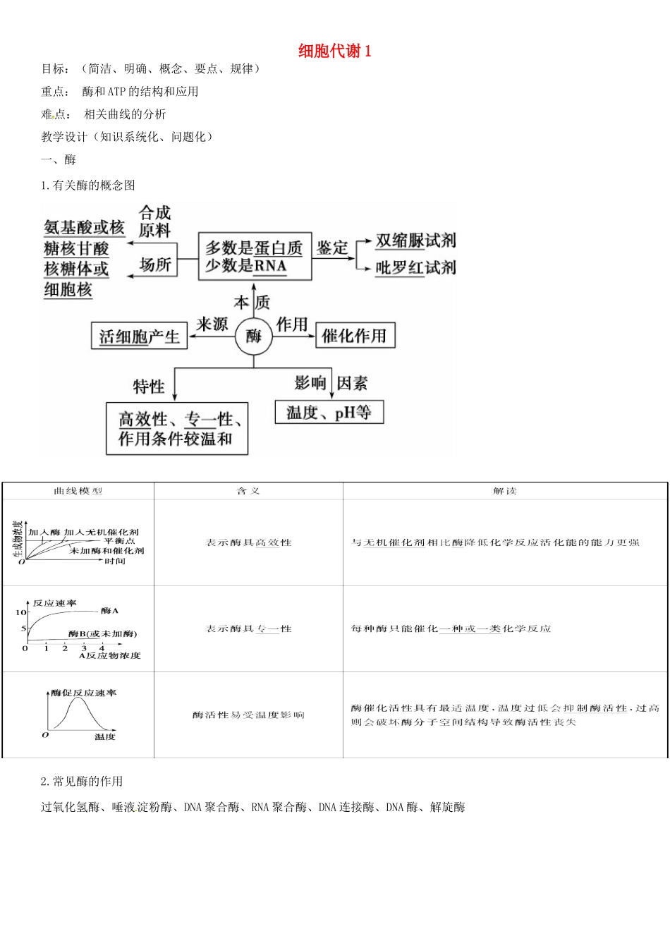 高考生物专题复习 细胞代谢（1）学案-人教版高三全册生物学案_第1页