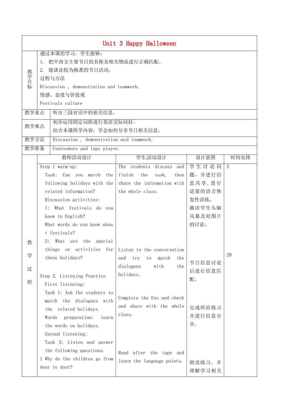 北京市顺义区大孙各庄中学九年级英语全册 Unit 3 Happy Halloween（第1课时）教案 北京课改版_第2页