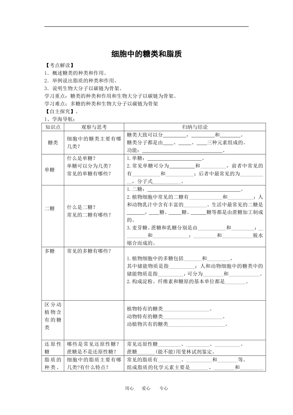 （新人教版必修1）生物：2.4《细胞中的糖类和脂质》学案_第1页
