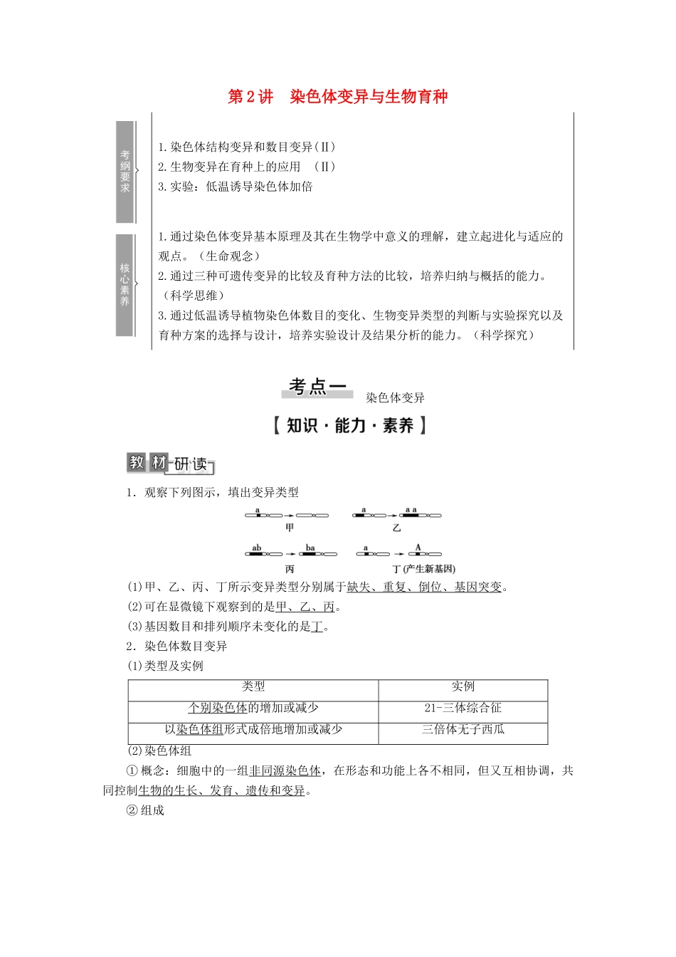 高考生物一轮复习 第7单元 生物的变异、育种与进化 第2讲 染色体变异与生物育种学案 苏教版必修2-苏教版高三必修2生物学案_第1页