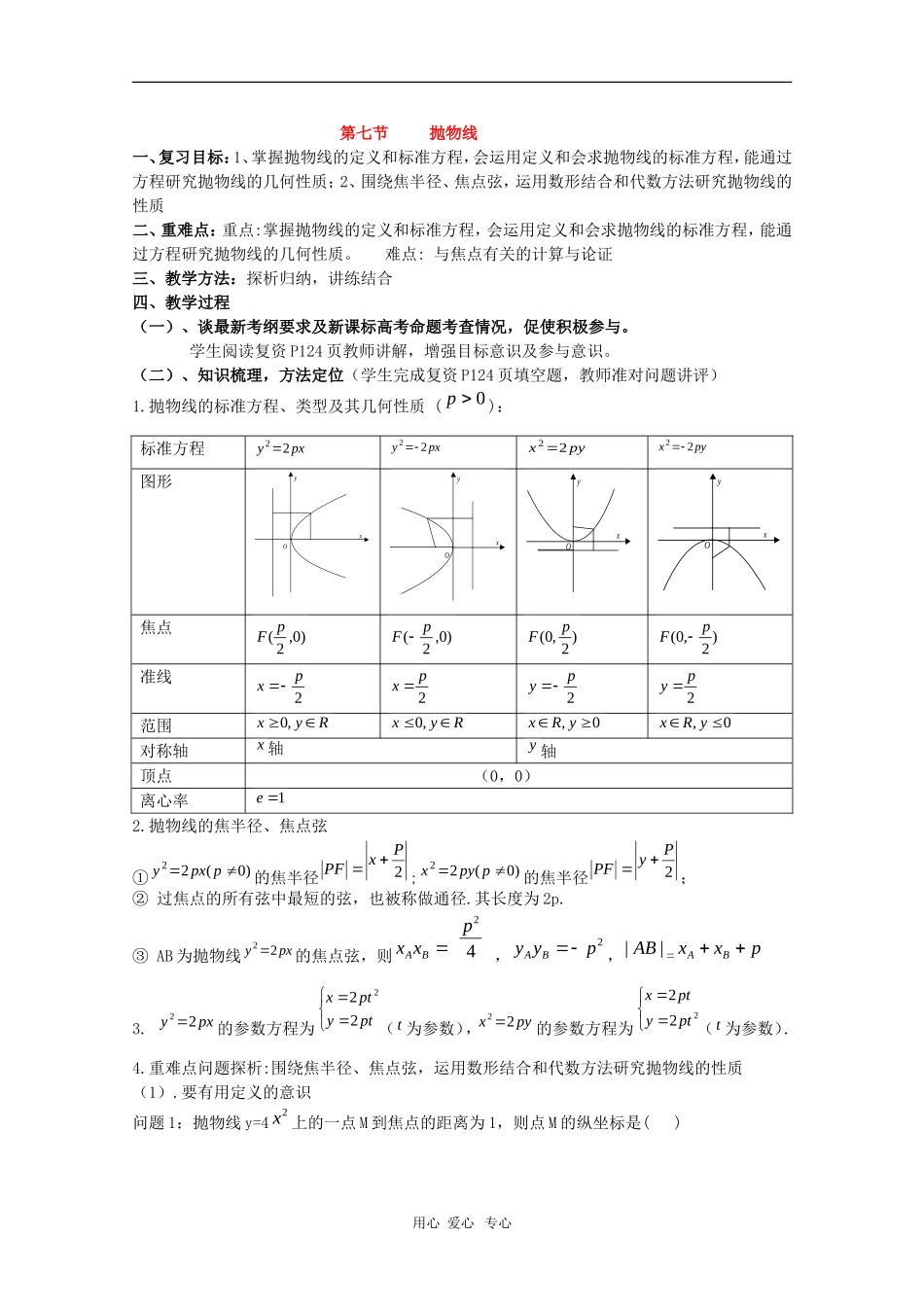 高三数学 第十二章 圆锥曲线—抛物线1  复习教案_第1页