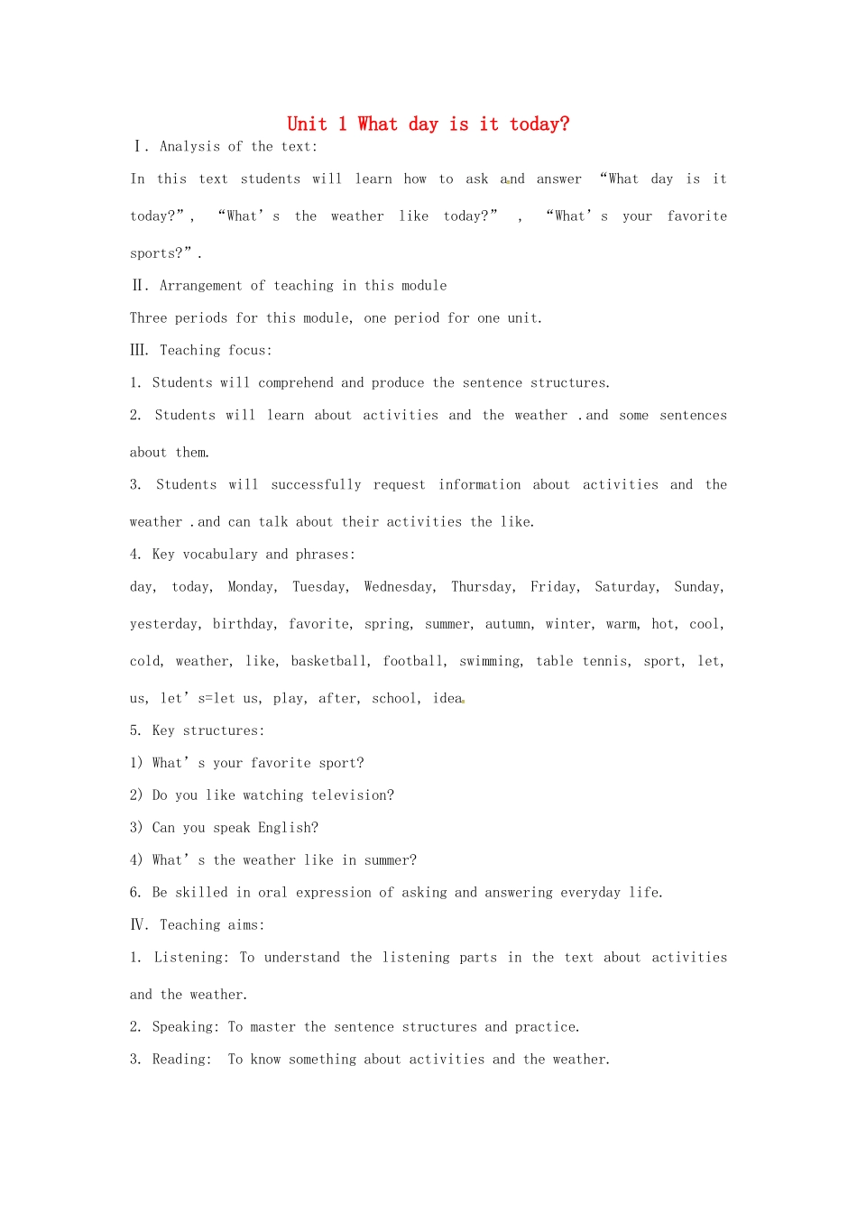 七年级英语上册 Starter Module 4 My everyday life Unit 1 What day is it today教案 （新版）外研版-（新版）外研版初中七年级上册英语教案_第1页