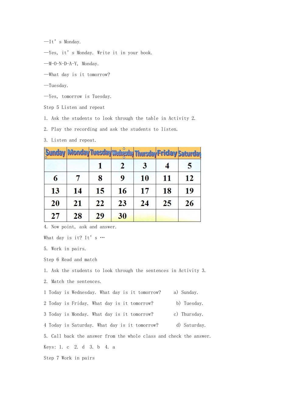 七年级英语上册 Starter Module 4 My everyday life Unit 1 What day is it today教案 （新版）外研版-（新版）外研版初中七年级上册英语教案_第3页