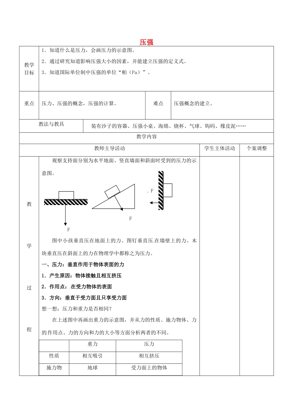 八年级物理下册 10.1 压强教案4 苏科版-苏科版初中八年级下册物理教案_第1页