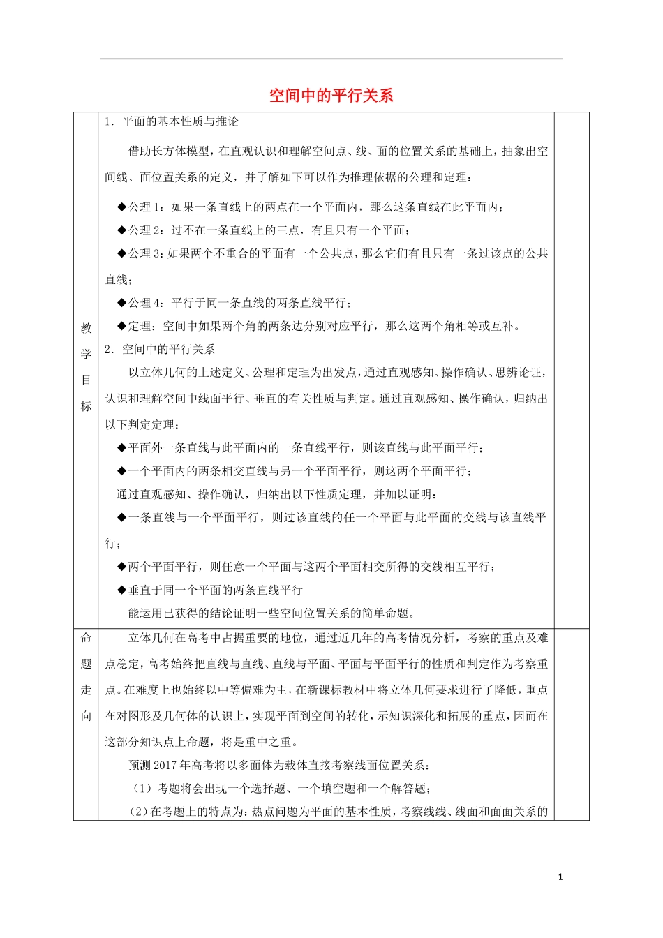 安徽省宿松县高三数学一轮复习 第25讲 空间中的平行关系教案-人教版高三全册数学教案_第1页