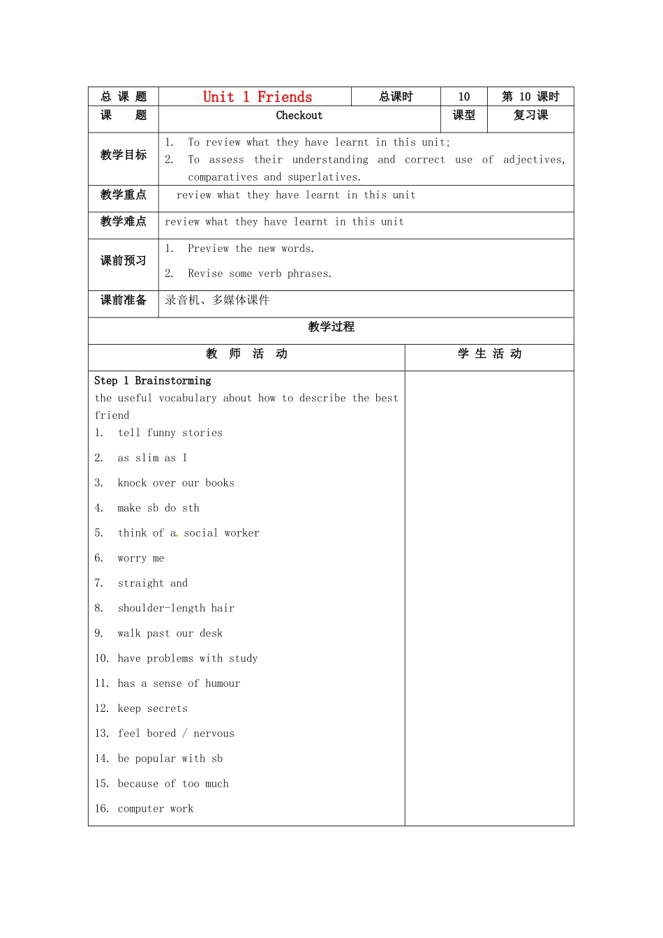 八年级英语上册 Unit 1 Friends Checkout教案 （新版）牛津版-（新版）牛津版初中八年级上册英语教案_第1页