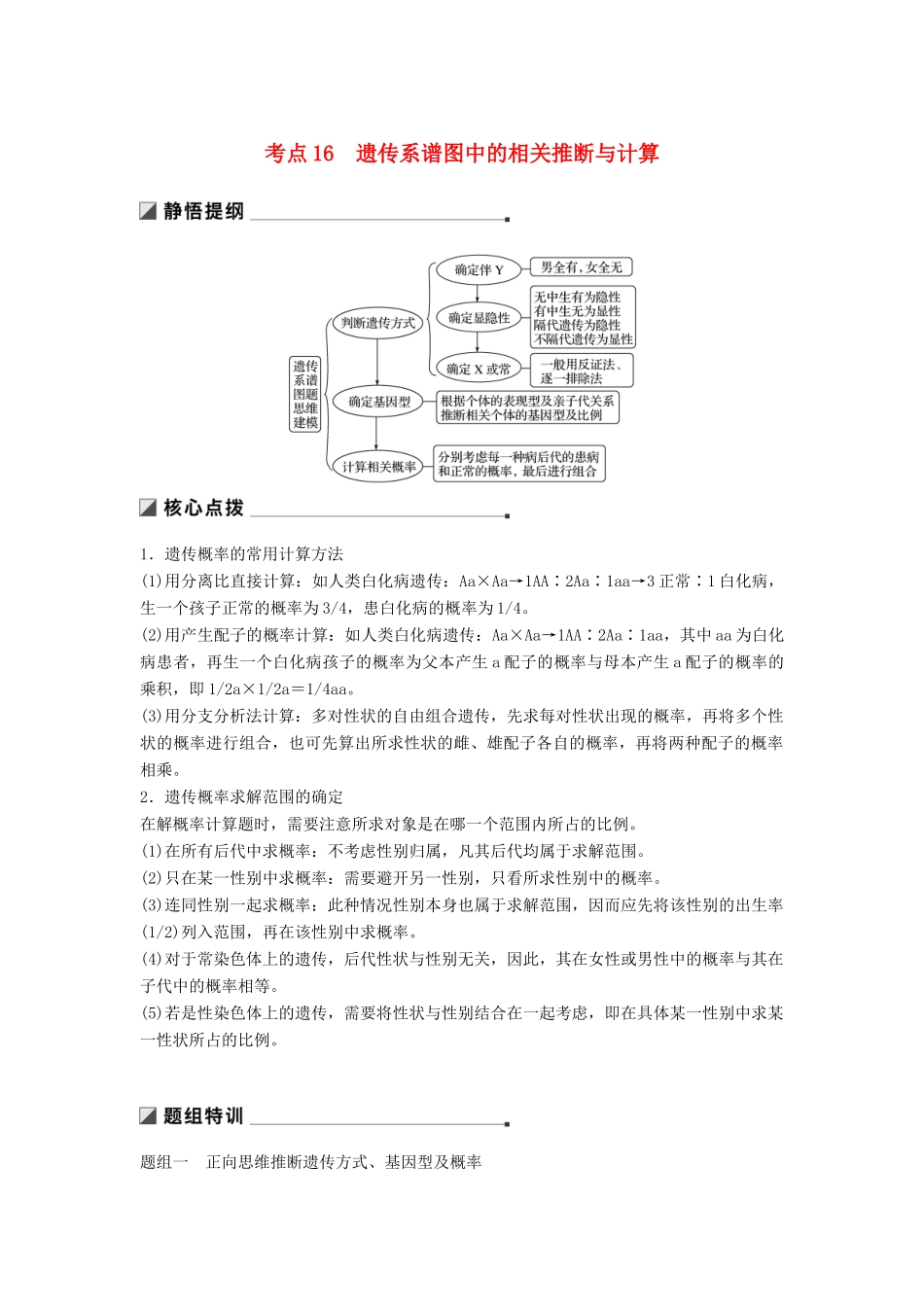 （江苏专用）高考生物二轮复习 专题五 基因的传递规律 考点16 遗传系谱图中的相关推断与计算学案-人教版高三全册生物学案_第1页