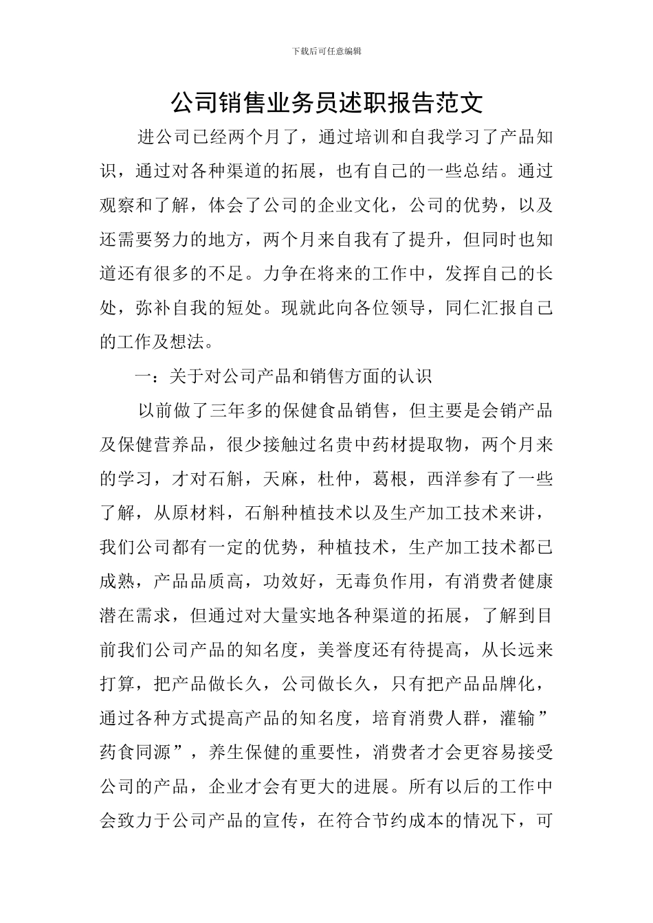 公司销售业务员述职报告范文_第1页