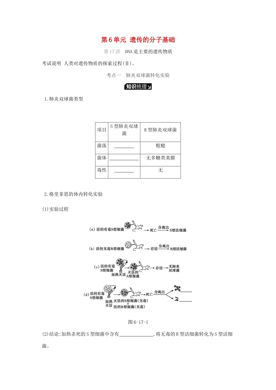 高考生物一轮复习 第6单元 遗传的分子基础听课学案-人教版高三全册生物学案_第1页