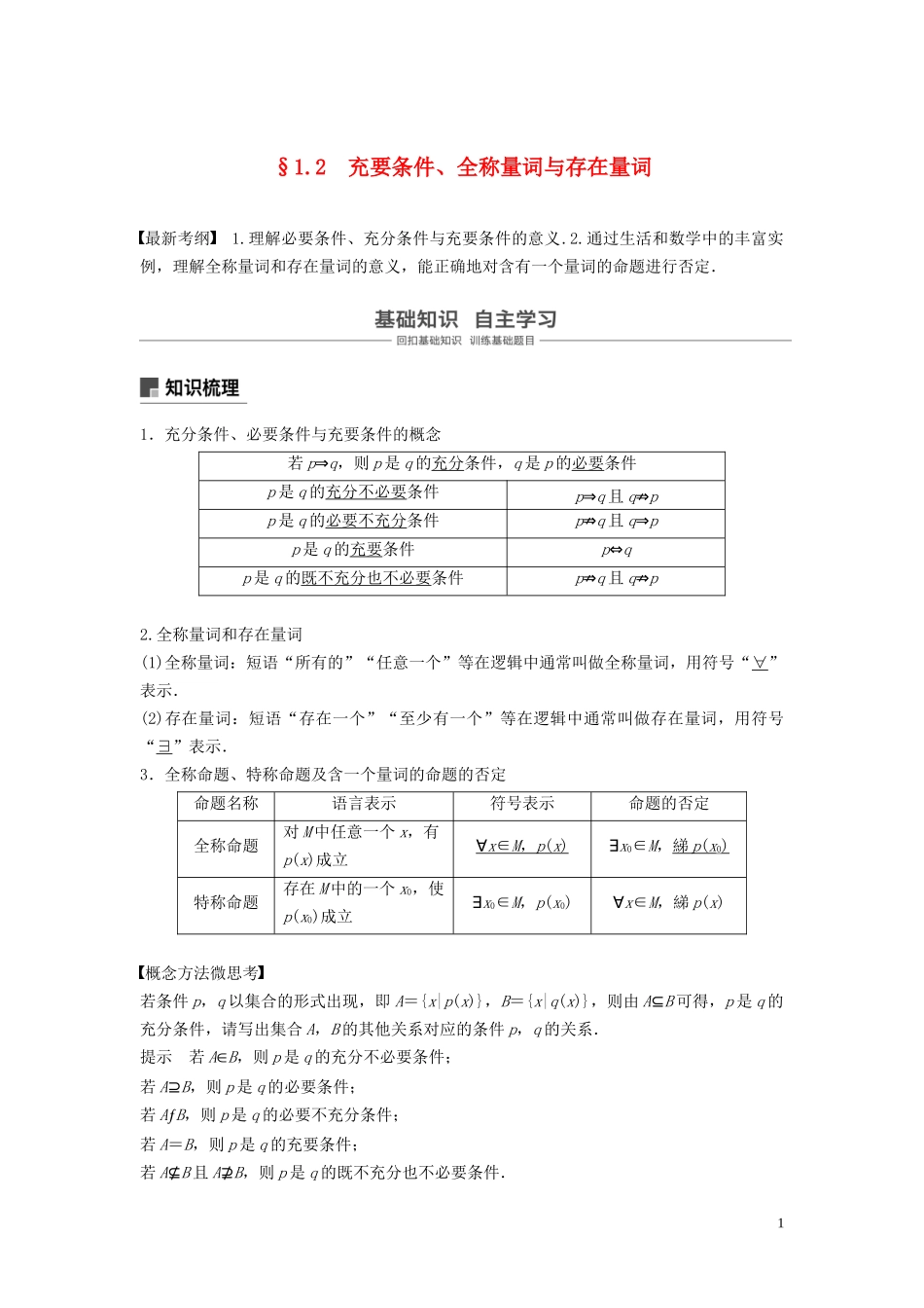 （鲁京津琼专用）高考数学大一轮复习 第一章 集合与常用逻辑用语 1.2 充要条件、全称量词与存在量词教案（含解析）-人教版高三全册数学教案_第1页