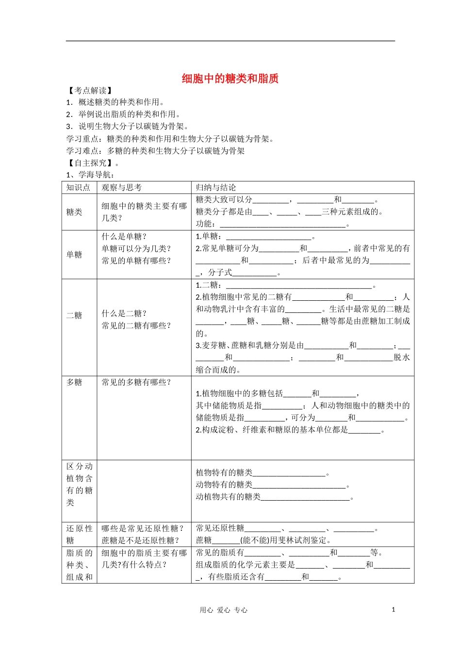 高中生物 2.4《细胞中的糖类和脂质》学案（1） 新人教版必修1_第1页