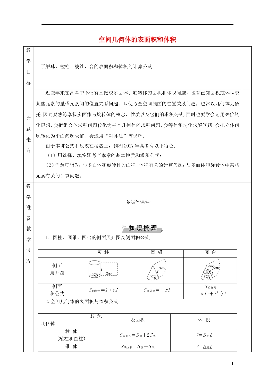 安徽省宿松县高三数学一轮复习 第24讲 空间几何体的表面积和体积教案-人教版高三全册数学教案_第1页