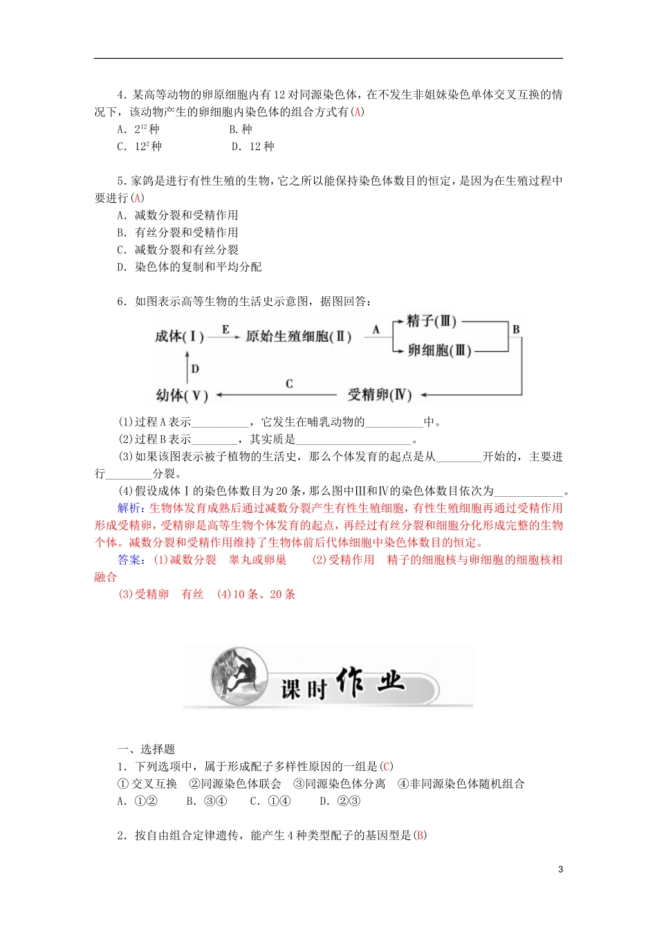 高中生物 第2章 第1节 减数分裂和受精作用 二、受精作用学案 新人教版必修2-新人教版高一必修2生物学案_第3页
