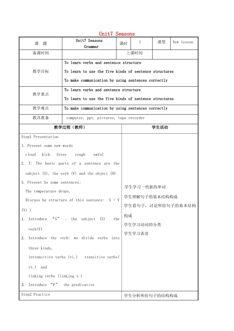 八年级英语上册 Unit 7 Seasons Grammar教案 （新版）牛津版-（新版）牛津版初中八年级上册英语教案_第1页