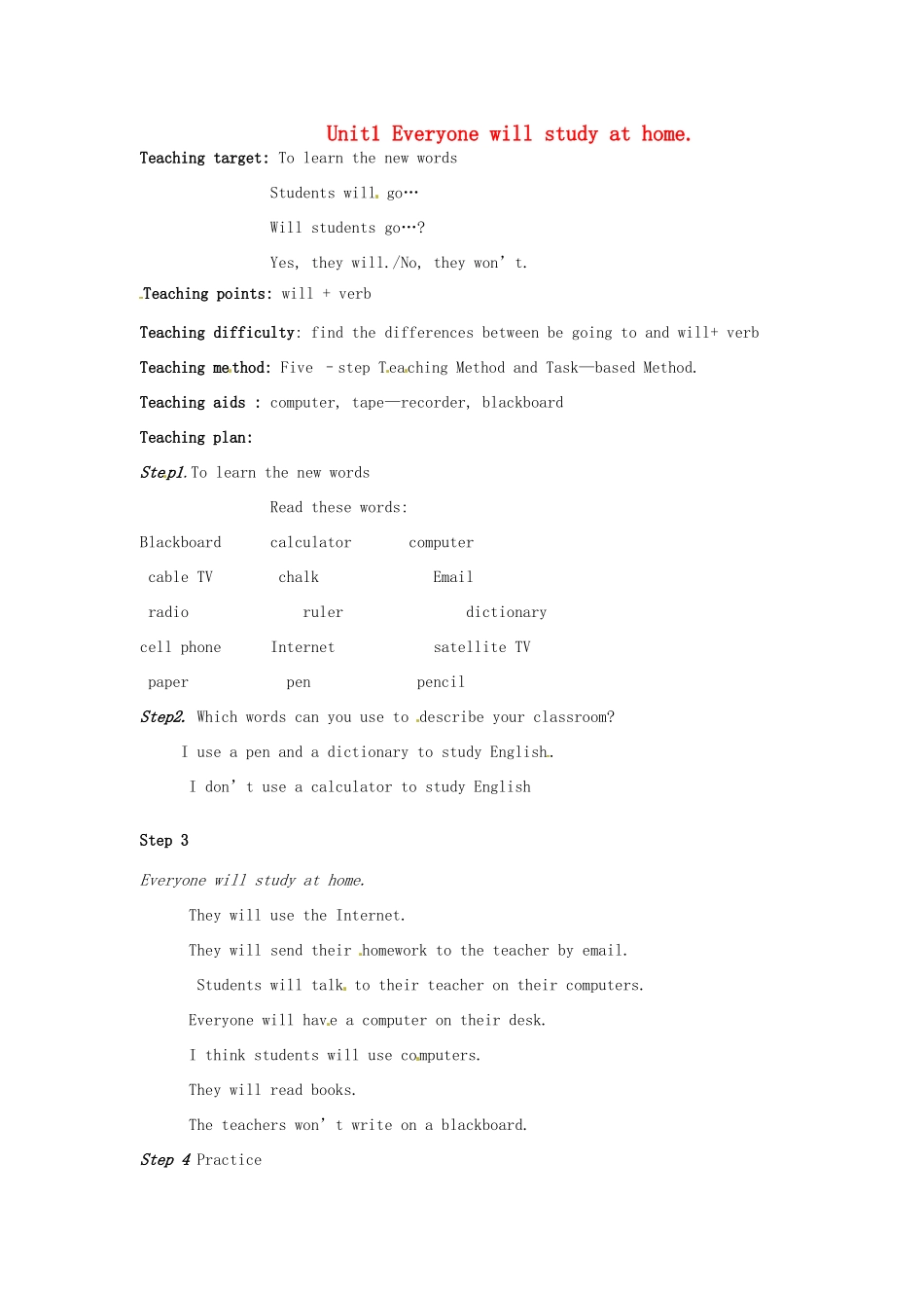 七年级英语下册 Module 4 Life in the future Unit 1 Everyone will study at home教案2 外研版）_第1页