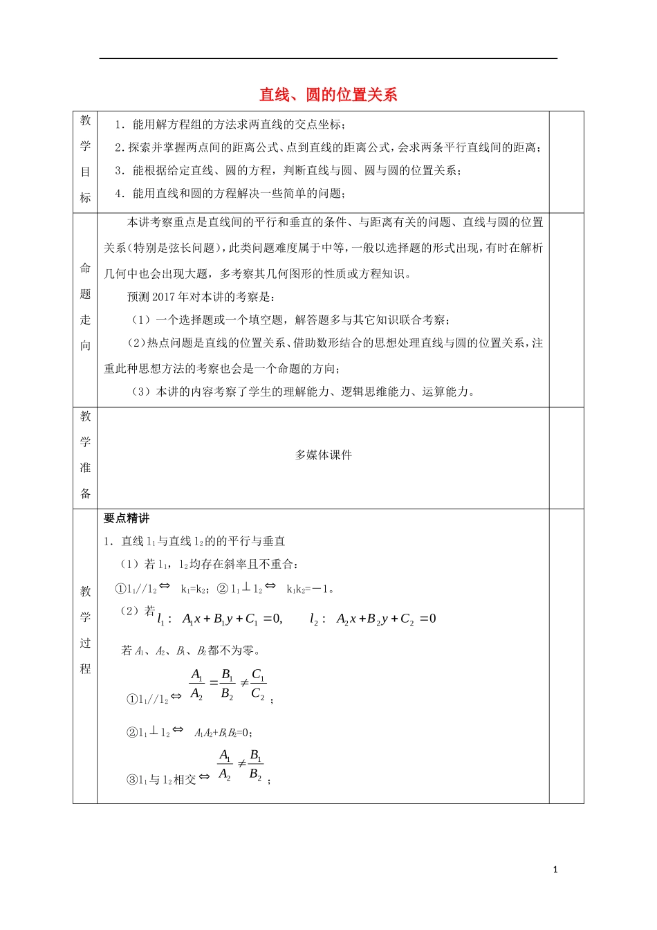 安徽省宿松县高三数学一轮复习 第28讲 直线、圆的位置关系教案-人教版高三全册数学教案_第1页