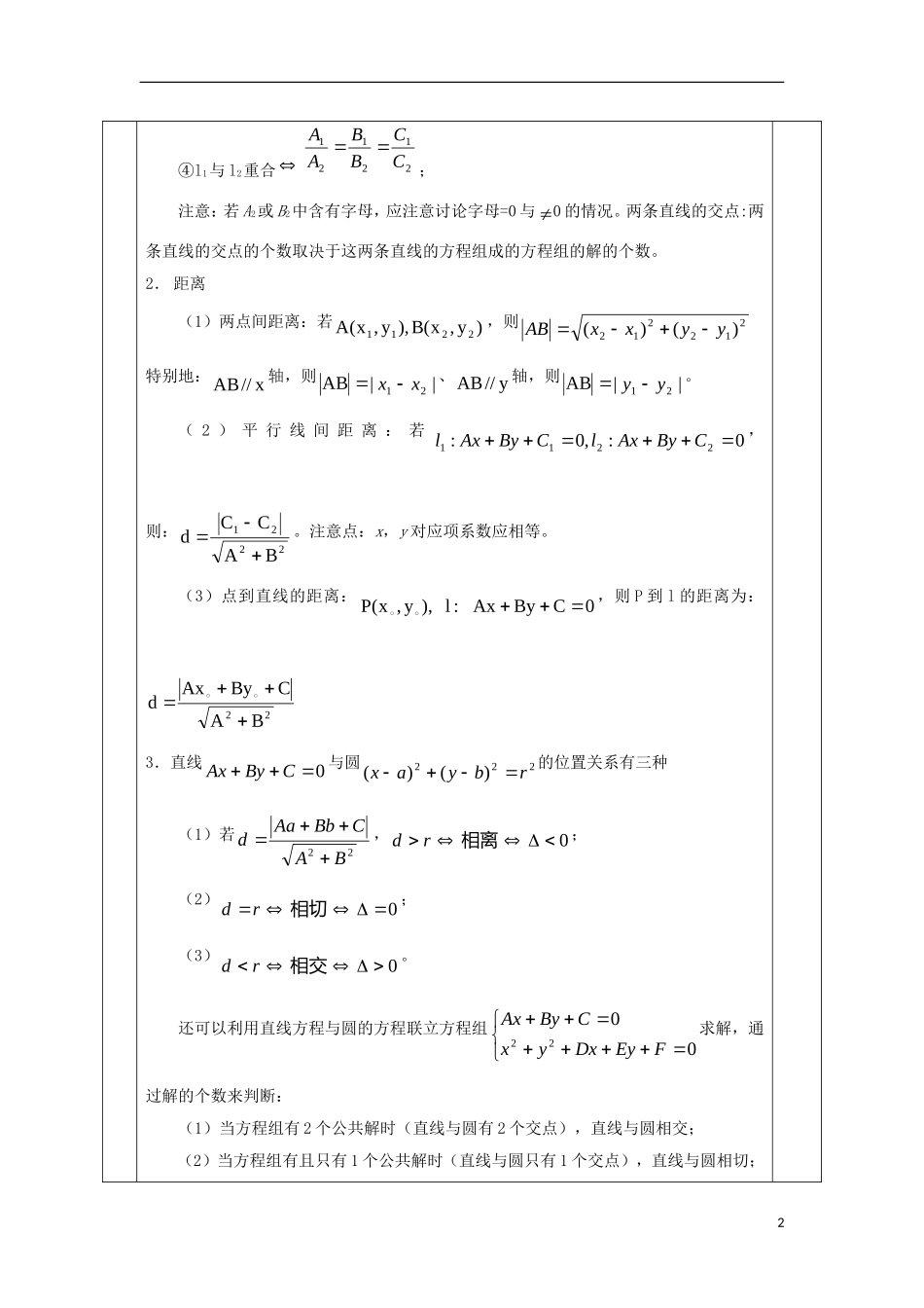 安徽省宿松县高三数学一轮复习 第28讲 直线、圆的位置关系教案-人教版高三全册数学教案_第2页