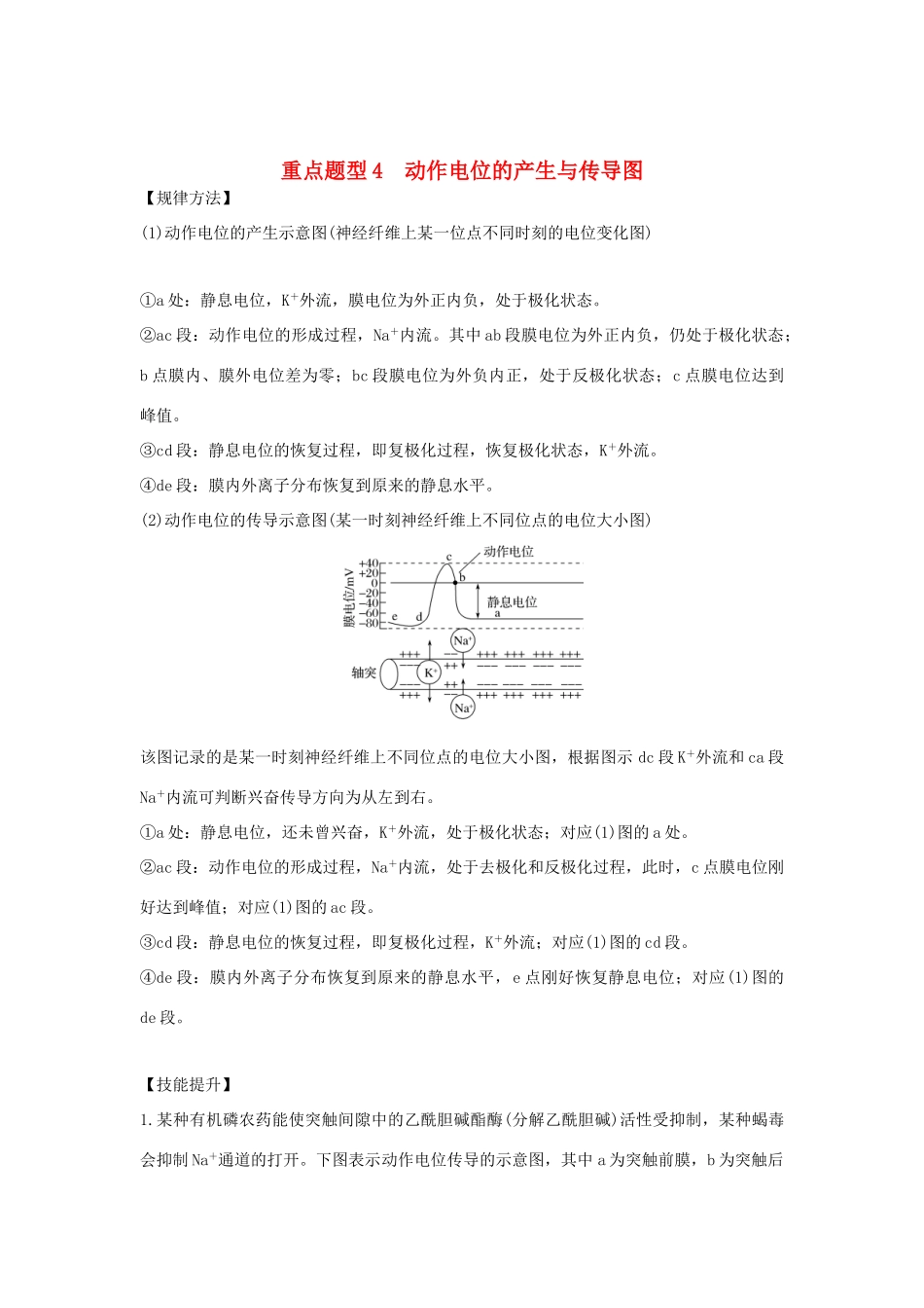 高考生物总复习 第二部分 选择题必考五大专题 专题五 生命活动的调节 重点题型4 动作电位的产生与传导图学案-人教版高三全册生物学案_第1页
