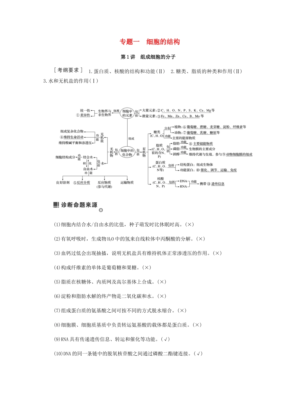 高考生物二轮复习 专题一 细胞的结构学案-人教版高三全册生物学案_第1页