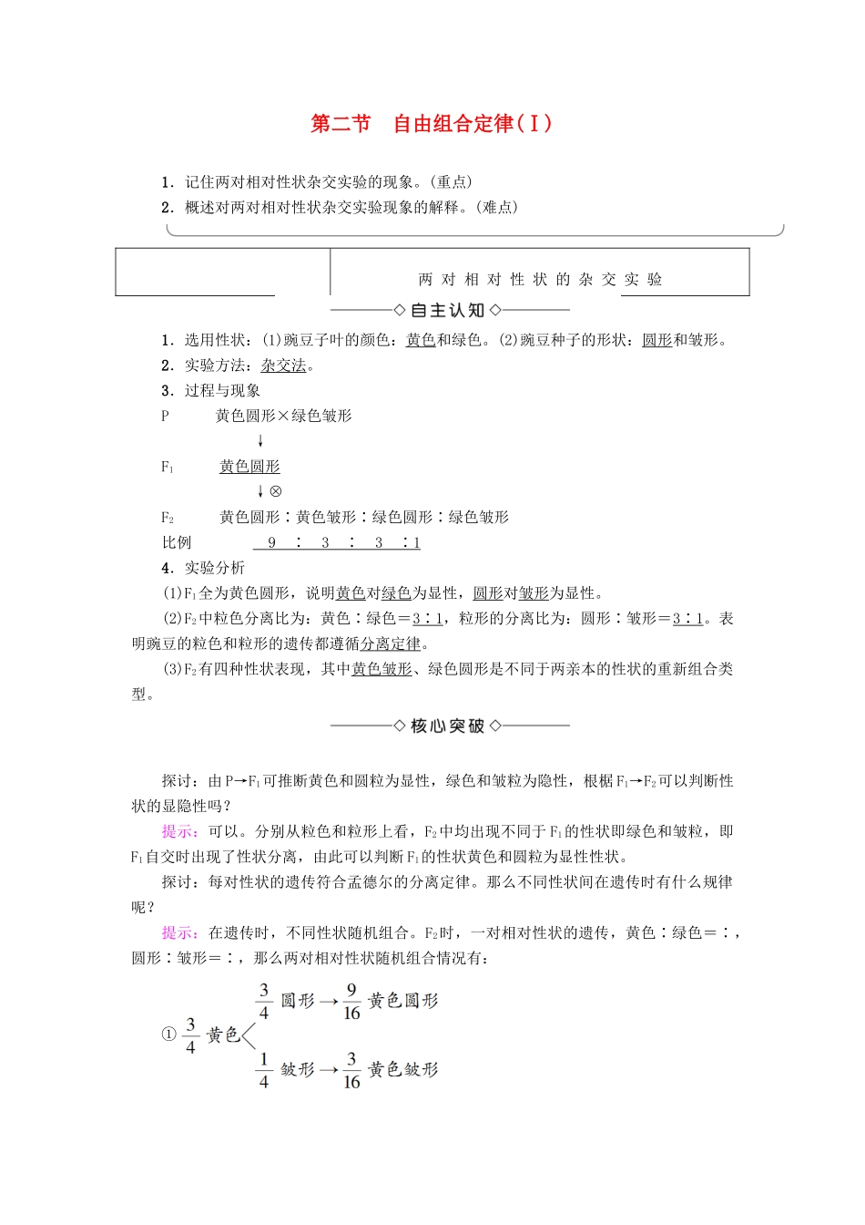 高中生物 第1章 孟德尔定律 第2节 自由组合定律（Ⅰ）学案 浙科版必修2-浙科版高一必修2生物学案_第1页