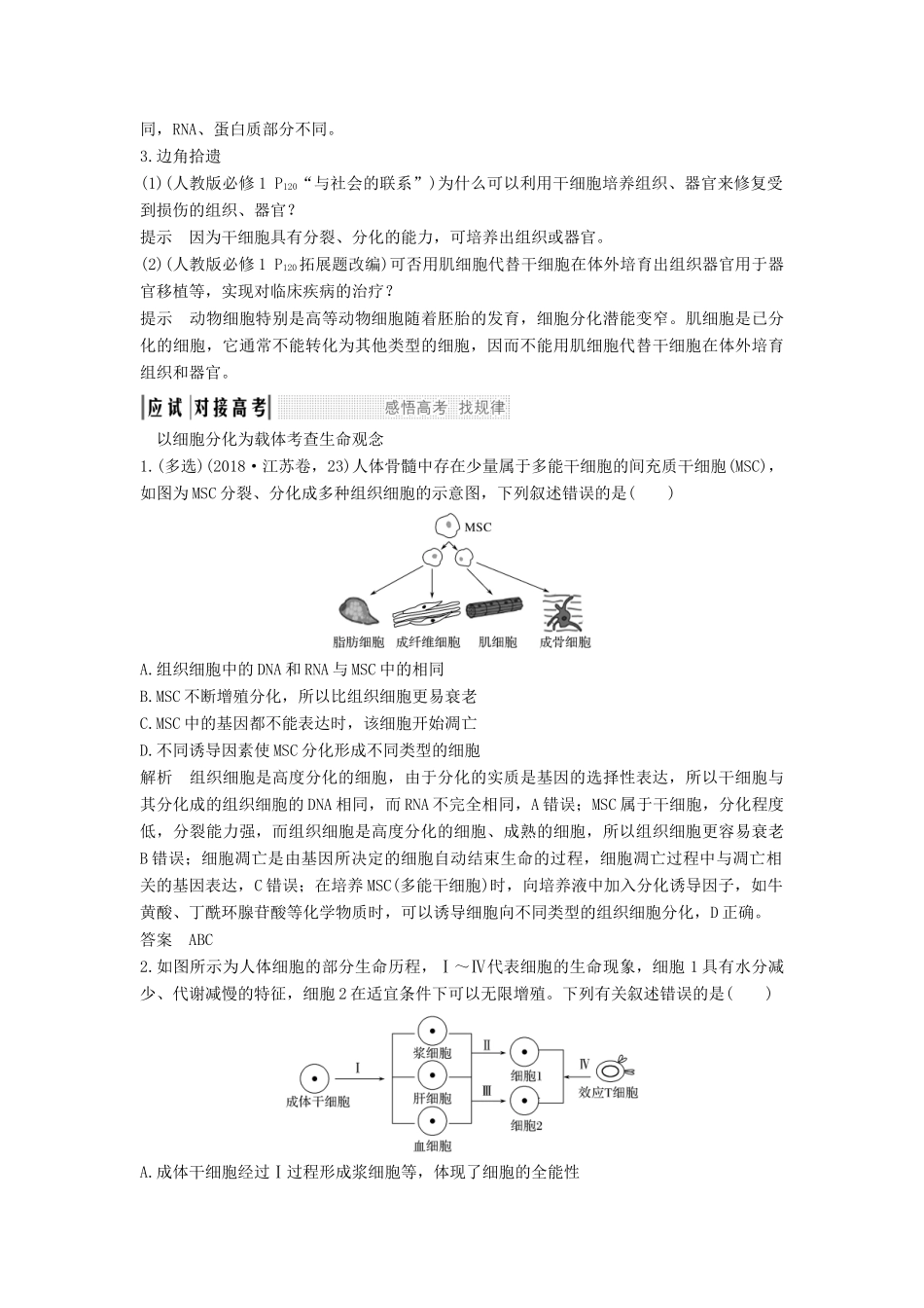 （江苏专用）新高考生物 第四单元 细胞的生命历程 第12讲 细胞的分化、衰老、凋亡与癌变学案-人教版高三全册生物学案_第3页