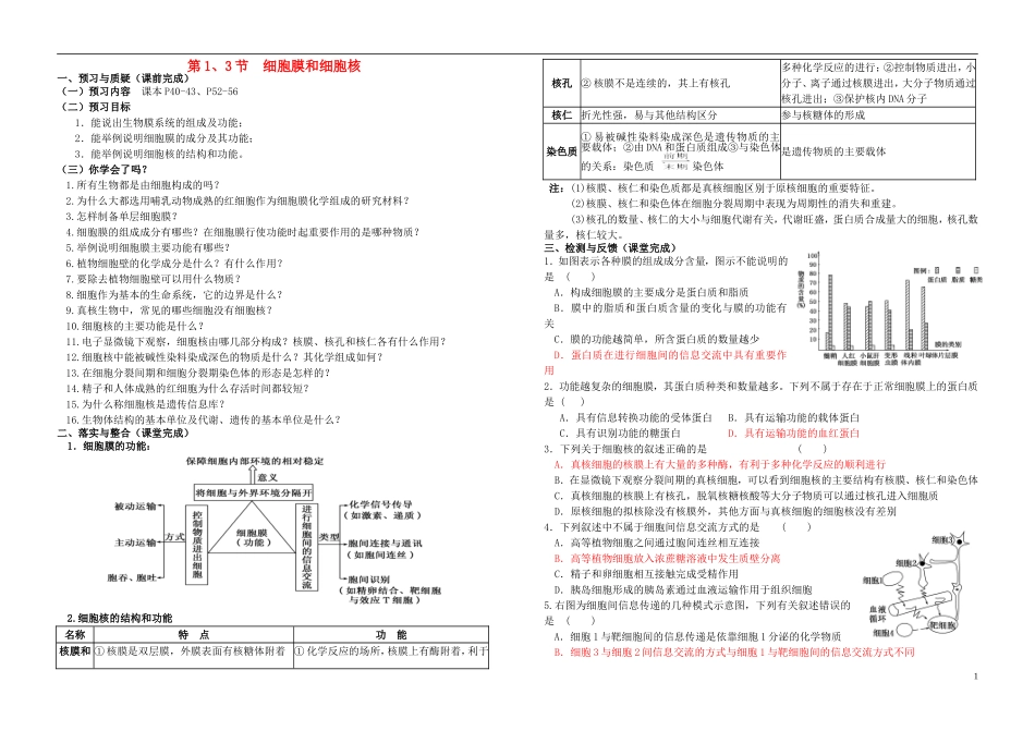 高考生物复习 第3章 第1、3节 细胞膜、细胞核导学案 新人教版必修1-新人教版高三必修1生物学案_第1页