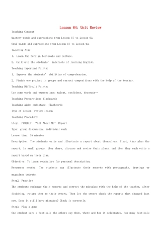 八年级英语上册 Unit 8 Lesson 64 Unit Review教案 冀教版