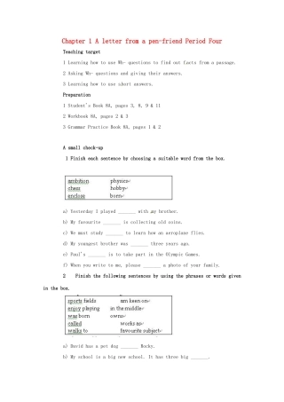 八年级英语上册 Chapter 1 A letter from a pen-friend Period Four教案 上海牛津版