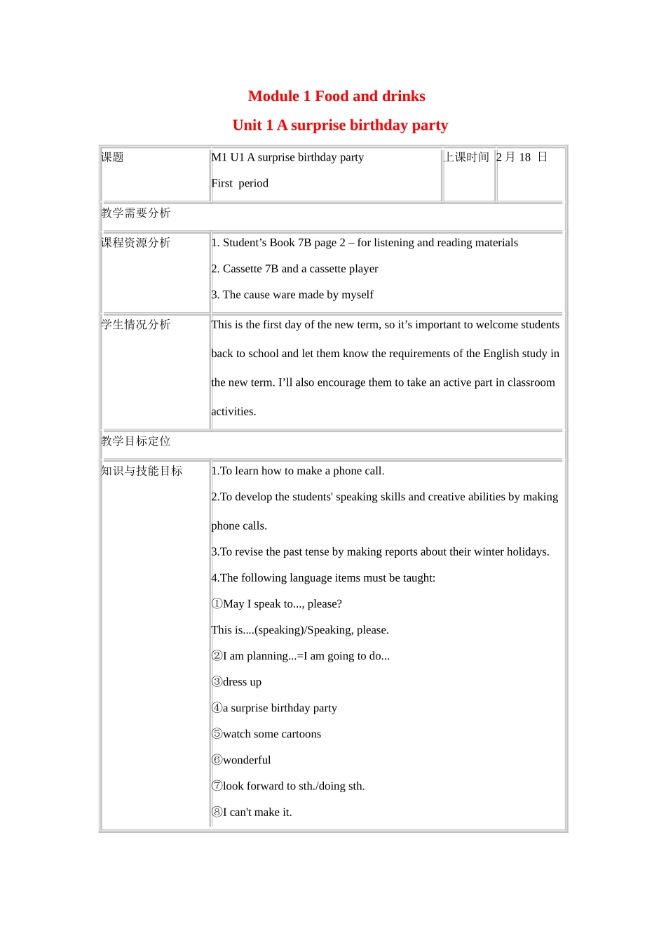 七年级英语下册：Module 1 Unit 1 A surprise birthday party Period 1教案（上海牛津版）_第1页