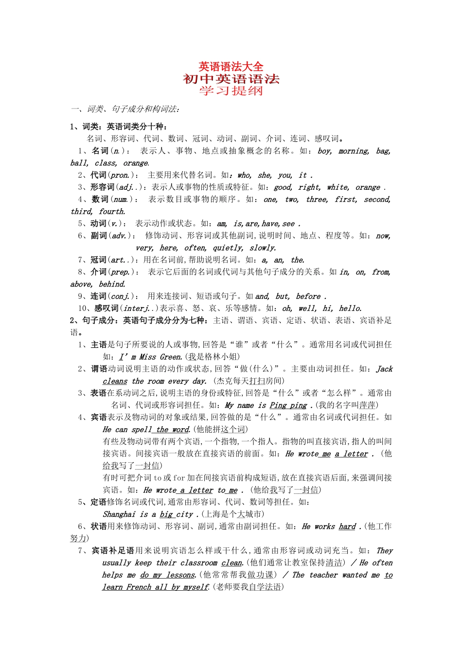 初中英语语法大全及总复习资料精品讲义 人教新目标版_第1页