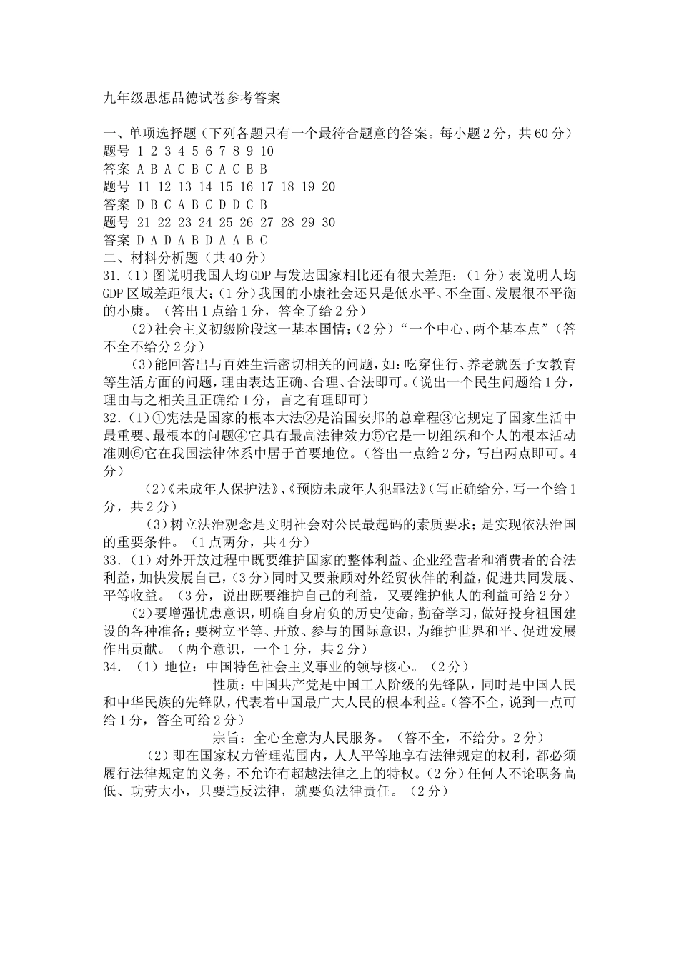九年级思想品德试卷参考答案_第1页