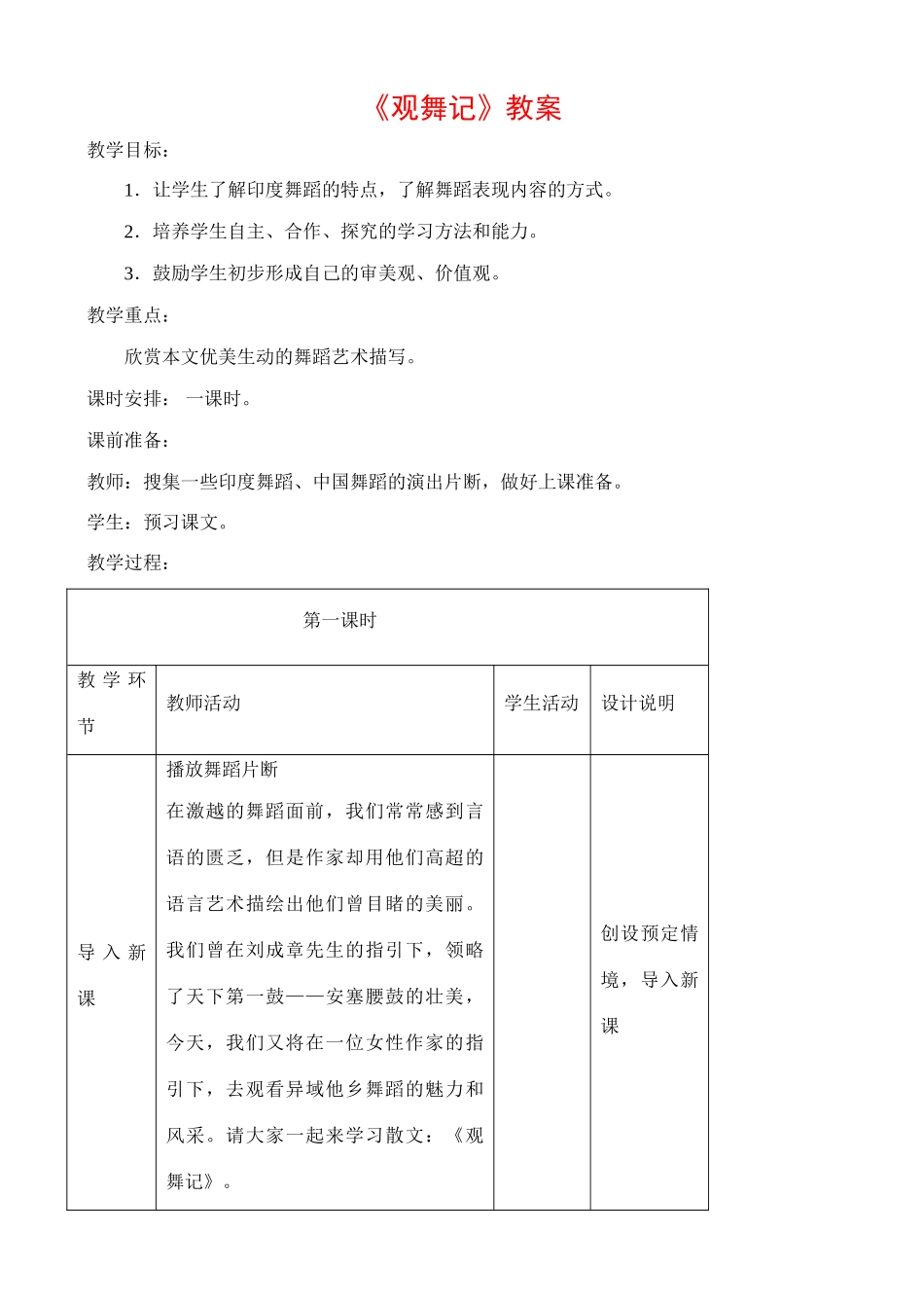 七年级语文观舞记教案_第1页