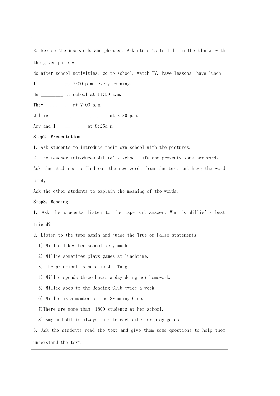 七年级英语上册 Unit 4 My day Reading教案 （新版）牛津版-（新版）牛津版初中七年级上册英语教案_第2页