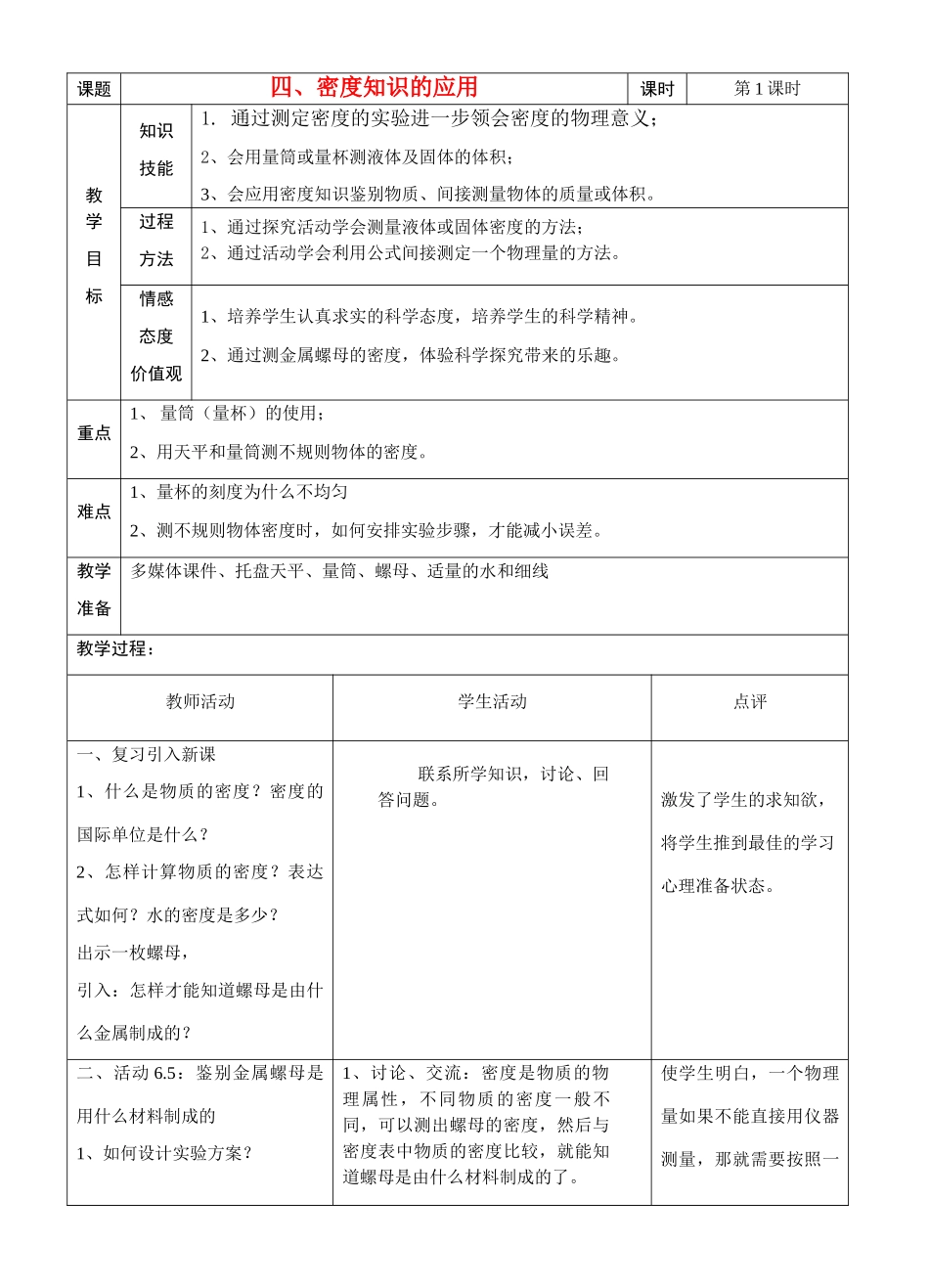 八年级物理2010年江苏地区物理科第八年级下册第六章密度知识的应用教案全国通用_第1页