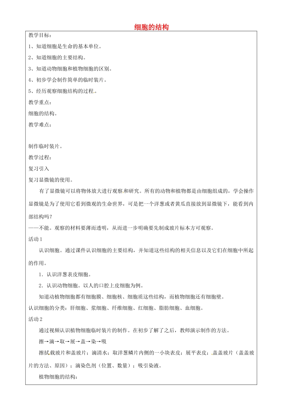 上海市罗泾中学七年级科学上册 细胞的结构教案 牛津上海版五四制_第1页