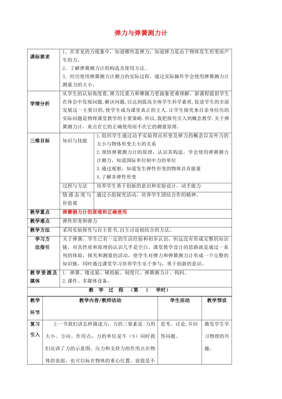 八年级物理全册《6.3 弹力与弹簧测力计》教案 （新版）沪科版-（新版）沪科版初中八年级全册物理教案_第1页