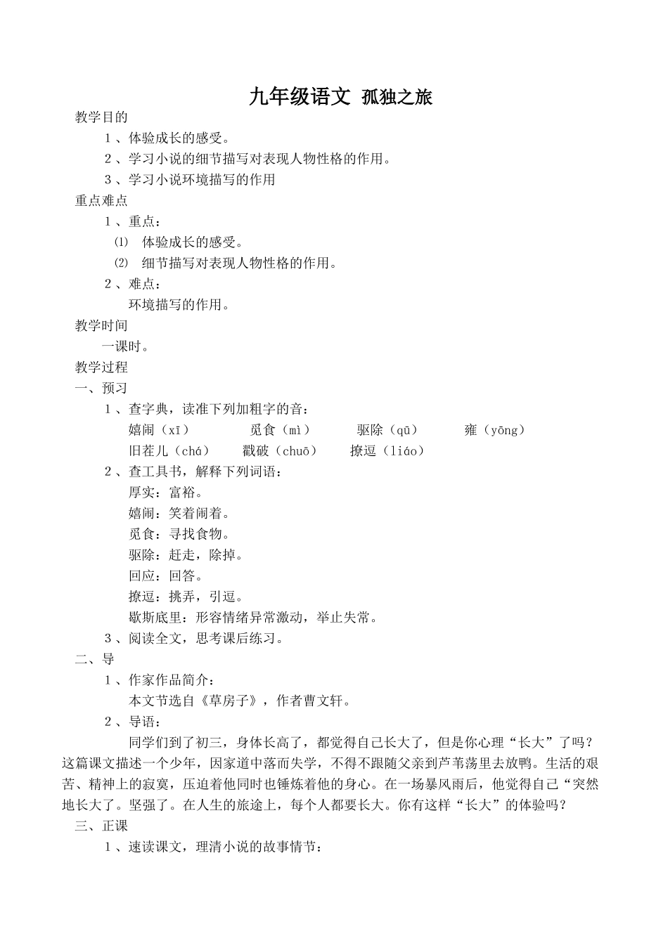 九年级语文 孤独之旅_第1页