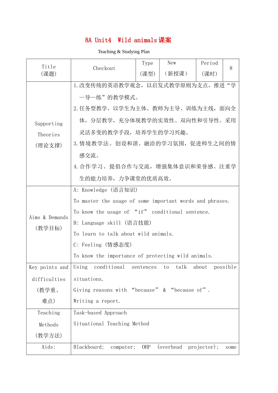 八年级英语上册 Unit 4 Wild Animals教案 牛津版_第1页