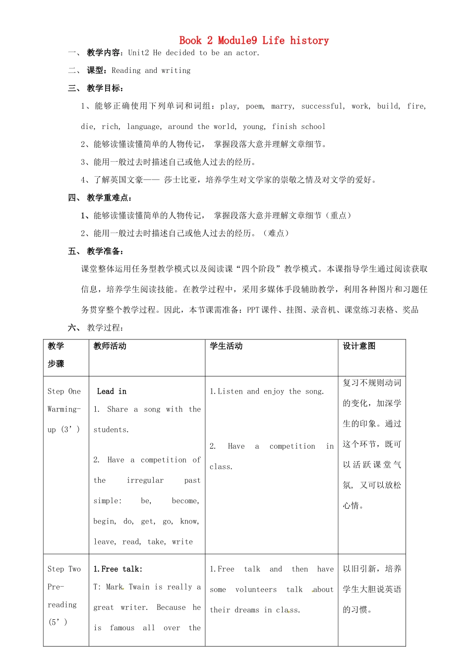 七年级英语下册 Module 9 Unit 2 He decided to be an actor教案 （新版）外研版-（新版）外研版初中七年级下册英语教案_第1页