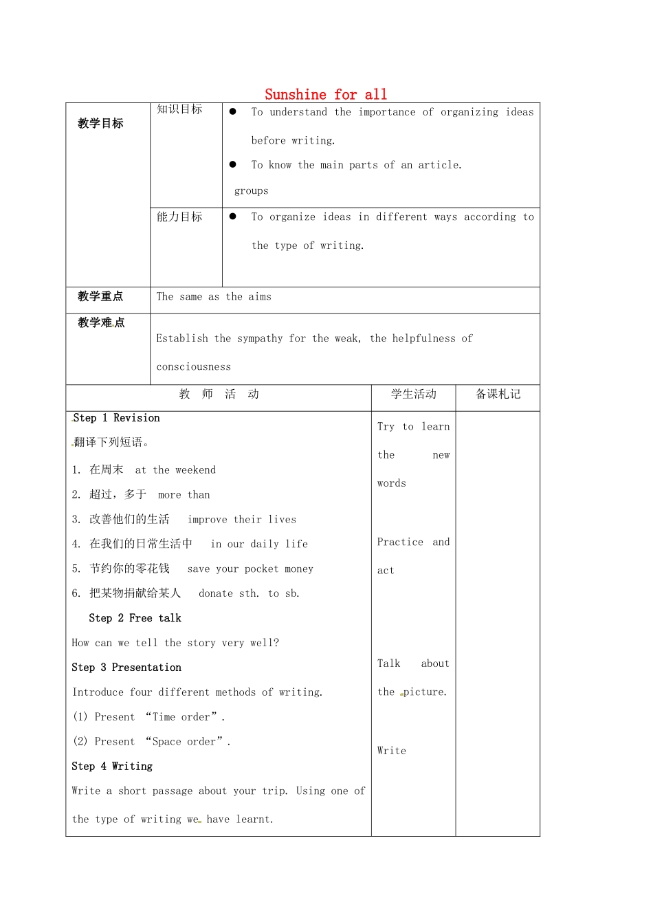 八年级英语下册《Unit 6 Sunshine for all study skills》教案 （新版）牛津版-（新版）牛津版初中八年级下册英语教案_第1页