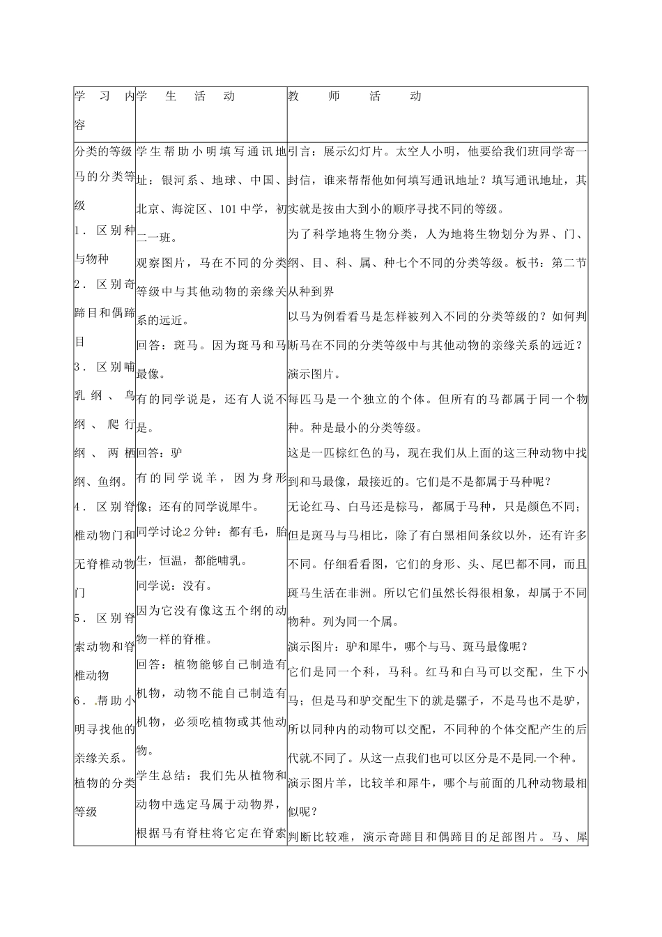 广东省东莞市寮步信义学校2013-2014学年八年级生物上册 第六单元《生物的多样性及其保护》第一章 第二节 从种到界教案 新人教版_第3页