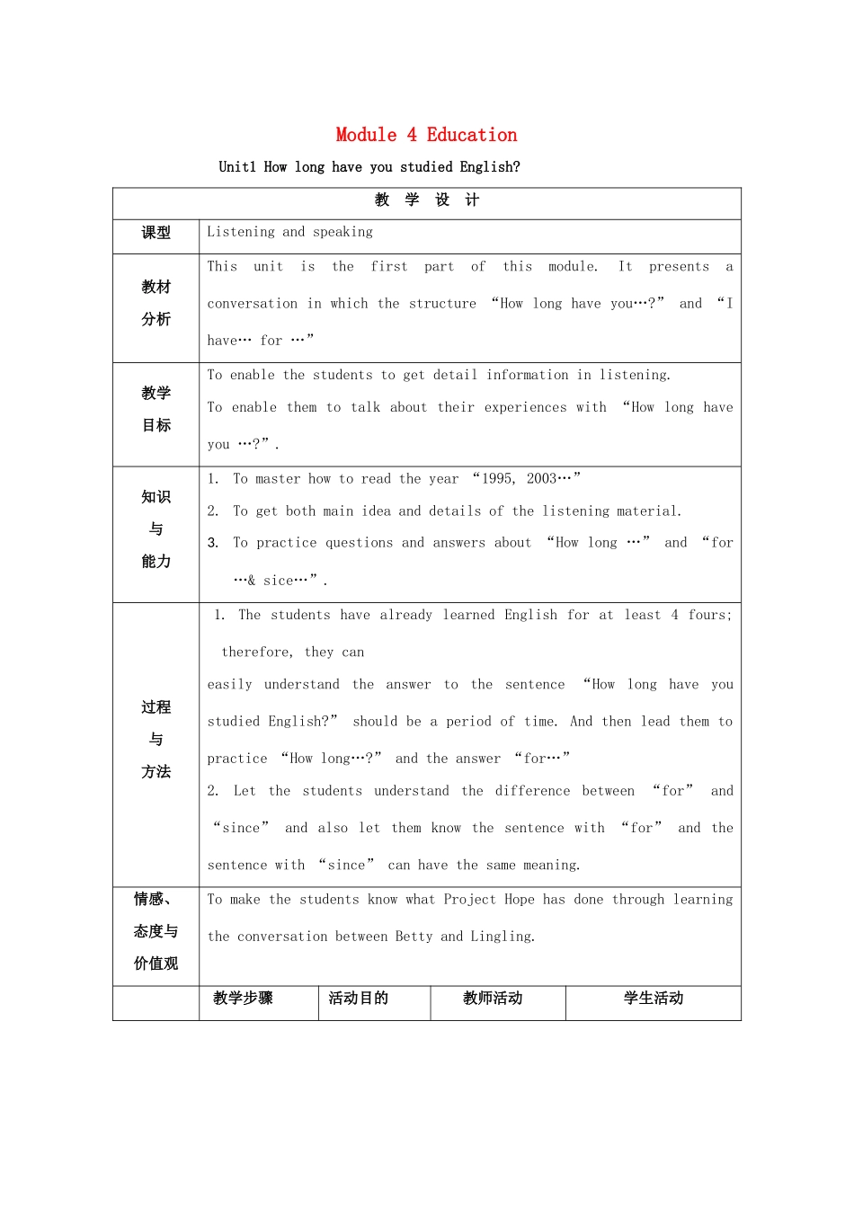 八年级英语上册 Module 4《Education》教学设计 外研版_第1页