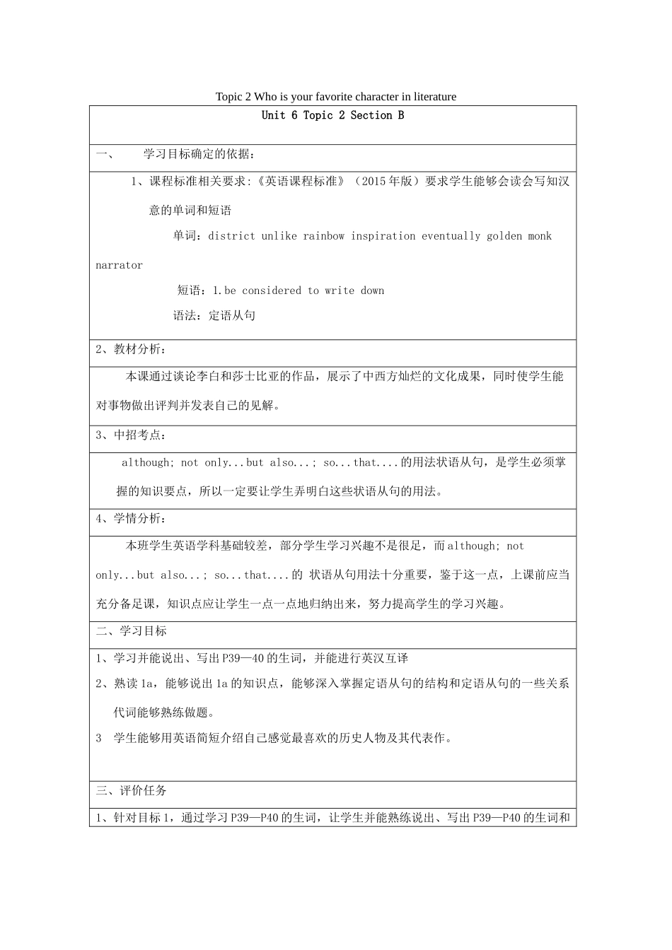 九年级英语下册 Unit 6 Entertainment and Friendship Topic 2 Who is your favorite character in literature Section B教案 （新版）仁爱版-（新版）仁爱版初中九年级下册英语教案_第1页