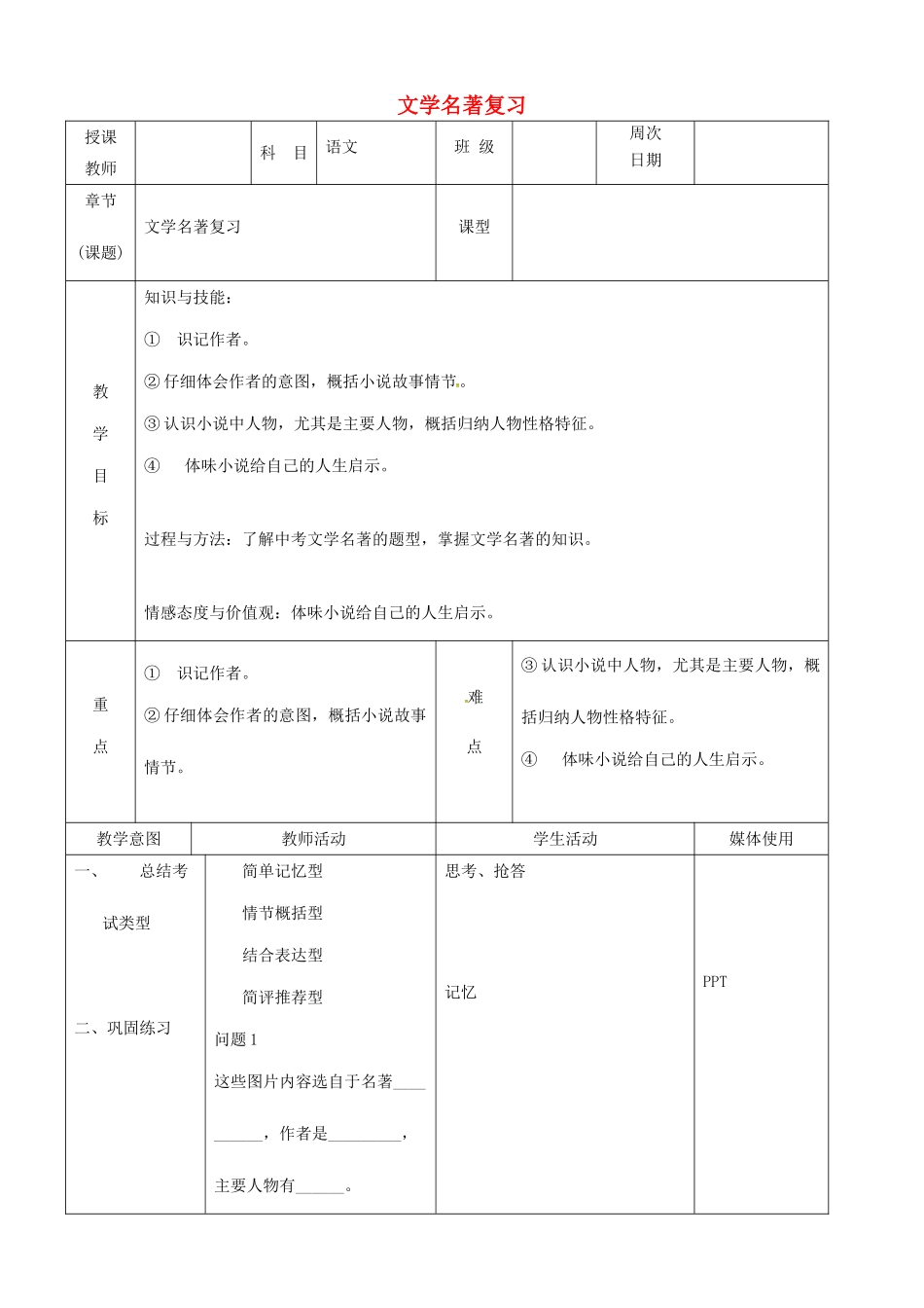 中考语文 文学名著复习教案-人教版初中九年级全册语文教案_第1页